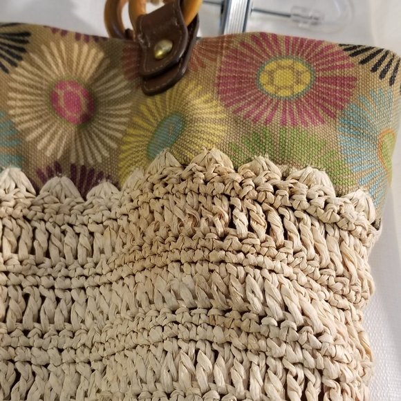 Cream Knit Canvas Floral Pattern Satchel Bag - Picture 12 of 12